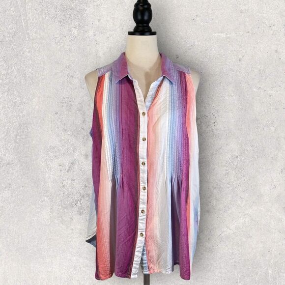 Terra & Sky Striped Button Down Sleeveless Shirt Purple Blue Pink, Size 0X 14W - Picture 1 of 10
